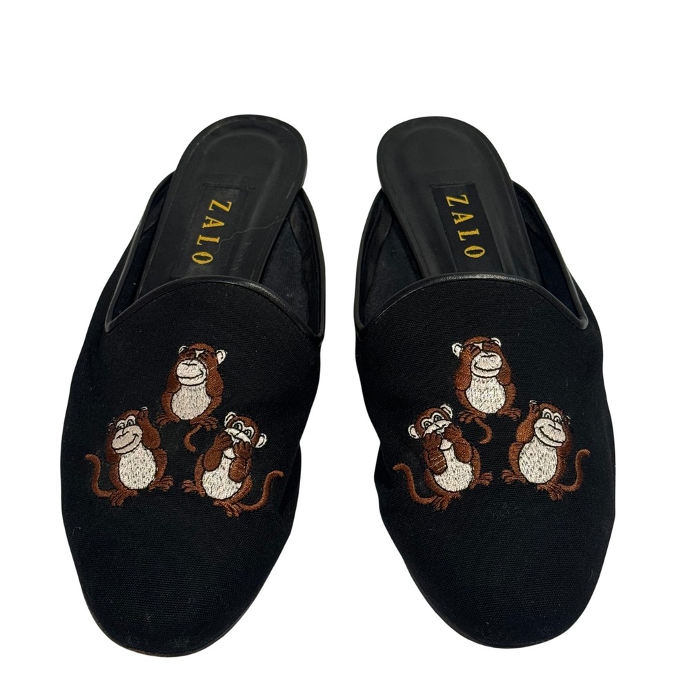 Zalo Mule Loafers‎ Slides Womens 10.5 M Black Canvas Three Wise Monkeys Spain